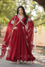 Load image into Gallery viewer, Maroon Faux Blooming Anarkali , Embroidery Zari Sequins-work
With price and Online Shopping Price Under 1500 . Luxurious faux blooming gown with zari sequins embroidery, a fancy V-neck, and full sleeves. Comes with a 2.3-meter sequins lace dupatta. Ideal for any occasion.
