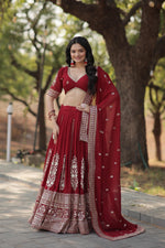 Load image into Gallery viewer, Maroon Faux Blooming Georgette Dhavani Set | Langa Voni | Davani Set and Half-Saree With Price and Online Best Price Shopping Under 3000 . this stunning Maroon Faux Blooming Georgette Lehenga Set. Featuring heavy sequins embroidery, a richly designed dupatta, and comfortable cotton lining, it’s perfect for festive and bridal occasions . 
