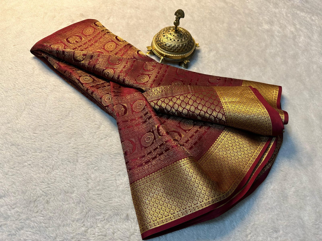 Maroon Mysore Silk Saree With price and Online Shopping Price Under 1500 . this Fabric Most Mysore Silk saree Famous Soft and Smooth fabric . this Fabric Mysore Silk Sarees For Weddings . Tradition look for 2024-25 .