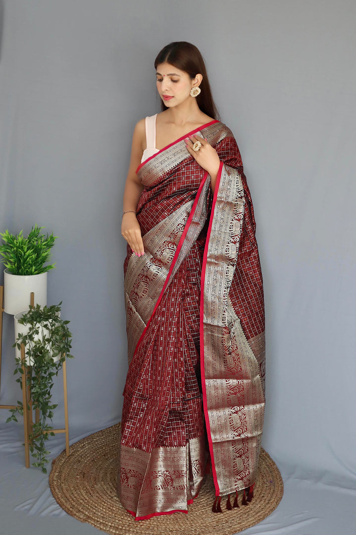 Maroon Silk Sarees With Price Under 2000 . This Fabric Silk Saree For Weddings Specials and Rich Pallu and Silver Zari Weaving Work With Jumka Design Most Authentic Look Tradition Look 2024-2025 . 