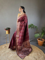 Load image into Gallery viewer, Maroon Silk Sarees With Price and Online Shopping Price Under 1500 . Elevate your style with a luxurious Silk Saree featuring exquisite Zari Weaving Work. This 6.3m saree comes with a matching blouse and offers elegance and comfort. Perfect for any occasion. Machine washable for easy care . 
