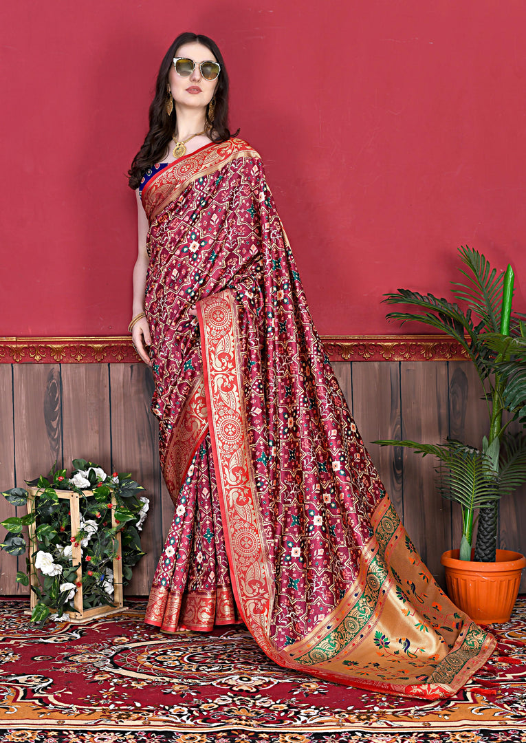 Maroon Soft Patola Silk Sarees With Price and Online Shopping price 2000 . This Fabric Soft Patola Gujarat Famous of Patan Fabric . this Color Most Unique and For Weddings .