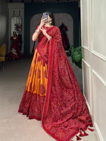 Load image into Gallery viewer, Maroon Tussar Silk Dhavani Set, Langa Voni , Half-Saree and Langa Voni With Price and Online Shopping Price Under 2000 . This Fabric Soft and Premium Fabric . This Green Tussar Silk Lehenga Rajavadi Pattern With Bandhej Print
 This Lehenga Working Traditional Look For 2024-25 . This Lehenga Price Under 2000 .  
