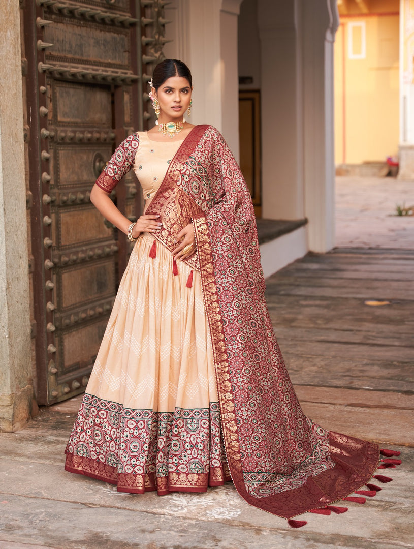 Maroon Tussar Silk Dhavani Set , Langa Voni  , Half-Saree With Price and Online Shopping Price Under Rs.2500 .  This fabric Soft Tussar Silk Dhavani Soft Celebrate traditions in this Tussar Silk Ajarakh Print Lehenga Set. Includes a stitched lehenga with can-can, a matching blouse, and a beautifully crafted dupatta with tassels...