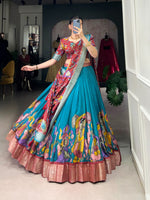 Load image into Gallery viewer, Maroon With Blue Color Dola Silk Langa Voni , Davani Set , Half-Saree and Dhavani Sets With Price and Online Shopping Price Under 2000 . Make a statement with this Kalamkari Lehenga crafted in Dola Silk. Includes a flared lehenga, printed blouse, and a zari-bordered dupatta with tassels. Perfect for weddings and festive celebrations . Traditional Look 2024-25 . 
