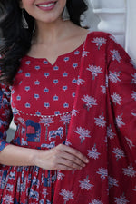 Load image into Gallery viewer, Maroon kurti with cotton lining for summer , Designer maroon kurti set under ₹1000 , Comfortable maroon kurti with soft cotton fabric , Maroon round neck kurti with 3-piece set , Pure cotton maroon suit set online .
