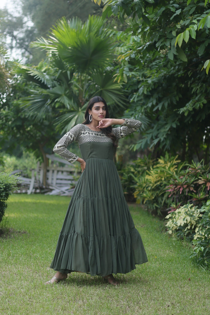Mehndi Faux Blooming Gown With Price and For Weddings Price Under 1500 . this Fabric So Happy and Cool Fabric . this Fabric Faux Blooming Gown Online Best Shopping Price Under 1500 . this Fabric Best Famous and Best Mehndi Gown Mehndi Color. Mehndi Gown Round Neck Fully Embroidery Zari Sequins Work . Traditional Look For 2024-25 . 
