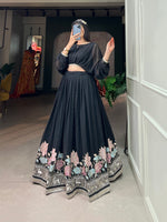 Load image into Gallery viewer, Elegant Georgette Black Dhavani featuring a fully stitched lehenga with sequins and thread embroidery. The ensemble includes a 3.50-meter flared skirt with drawstring and zip closure . 
