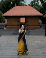 Load image into Gallery viewer, This Premam full Stitched Dhavani Set For Onam includes a Fully Stitched Cotton Lichi Lehenga with big Jacquard and an Attached Zip Fabric Blouse, as well as a Georgette Dupatta with Lace. The Lehenga features Original Narayan Pattu Work and is available in sizes XS, S, M, L, XL, and XXL, with a Flair of 5 M and above. The set also includes a Full Linner inside.


