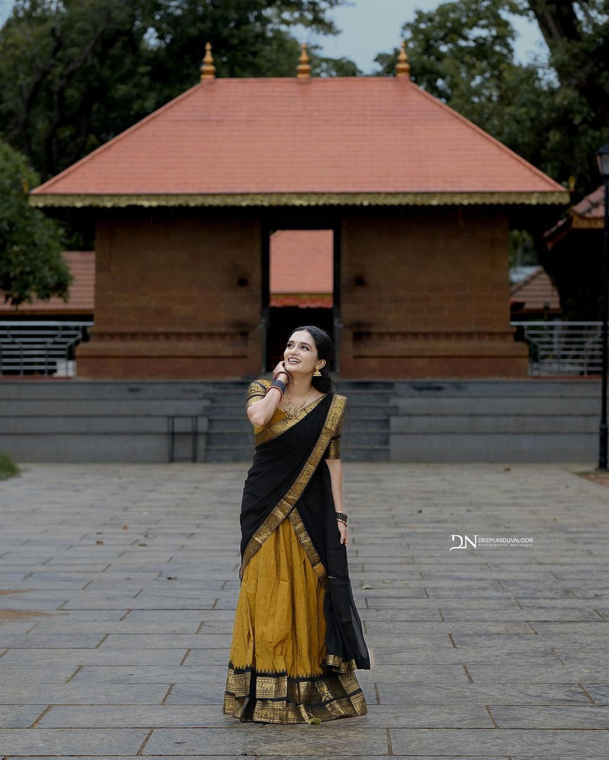 This Premam full Stitched Dhavani Set For Onam includes a Fully Stitched Cotton Lichi Lehenga with big Jacquard and an Attached Zip Fabric Blouse, as well as a Georgette Dupatta with Lace. The Lehenga features Original Narayan Pattu Work and is available in sizes XS, S, M, L, XL, and XXL, with a Flair of 5 M and above. The set also includes a Full Linner inside.
