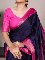 Load image into Gallery viewer, Aura silk saree in bold navy tone , Navy blue saree for elegant traditional dressing , Lustrous navy silk saree for festive charm , Navy saree with unstitched blouse for perfect fitting , Premium navy saree for stylish ethnic statement . 
