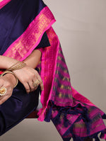 Load image into Gallery viewer, Navy zari weaving saree with premium feel , Beautiful navy silk saree with shimmer and shine , Navy color saree for sangeet and puja look , Deep navy saree with woven golden zari border , Aura silk saree in bold navy tone . 
