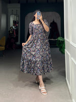 Load image into Gallery viewer, Navy Blue Rayon Dresses With Price and Online Shopping Price Under 1000 . this Fabric Soft and Square Neck and Shop this stitched Rayon frock with a vibrant Printed and Foils Work , 4-meter flair, and micro cotton lining. Adjustable chest up to 47 inches for a perfect fit.
