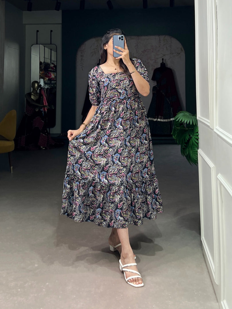 Navy Blue Rayon Dresses With Price and Online Shopping Price Under 1000 . this Fabric Soft and Square Neck and Shop this stitched Rayon frock with a vibrant Printed and Foils Work , 4-meter flair, and micro cotton lining. Adjustable chest up to 47 inches for a perfect fit.
