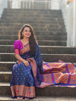 Load image into Gallery viewer, Navy Blue Soft Paithani Silk By  Premium Saree from shoppers trend - Just Rs. 1999 ! Shop now at shoppers trend This Fabric Most Popular &amp; Famous Silk In Maharashtra .
