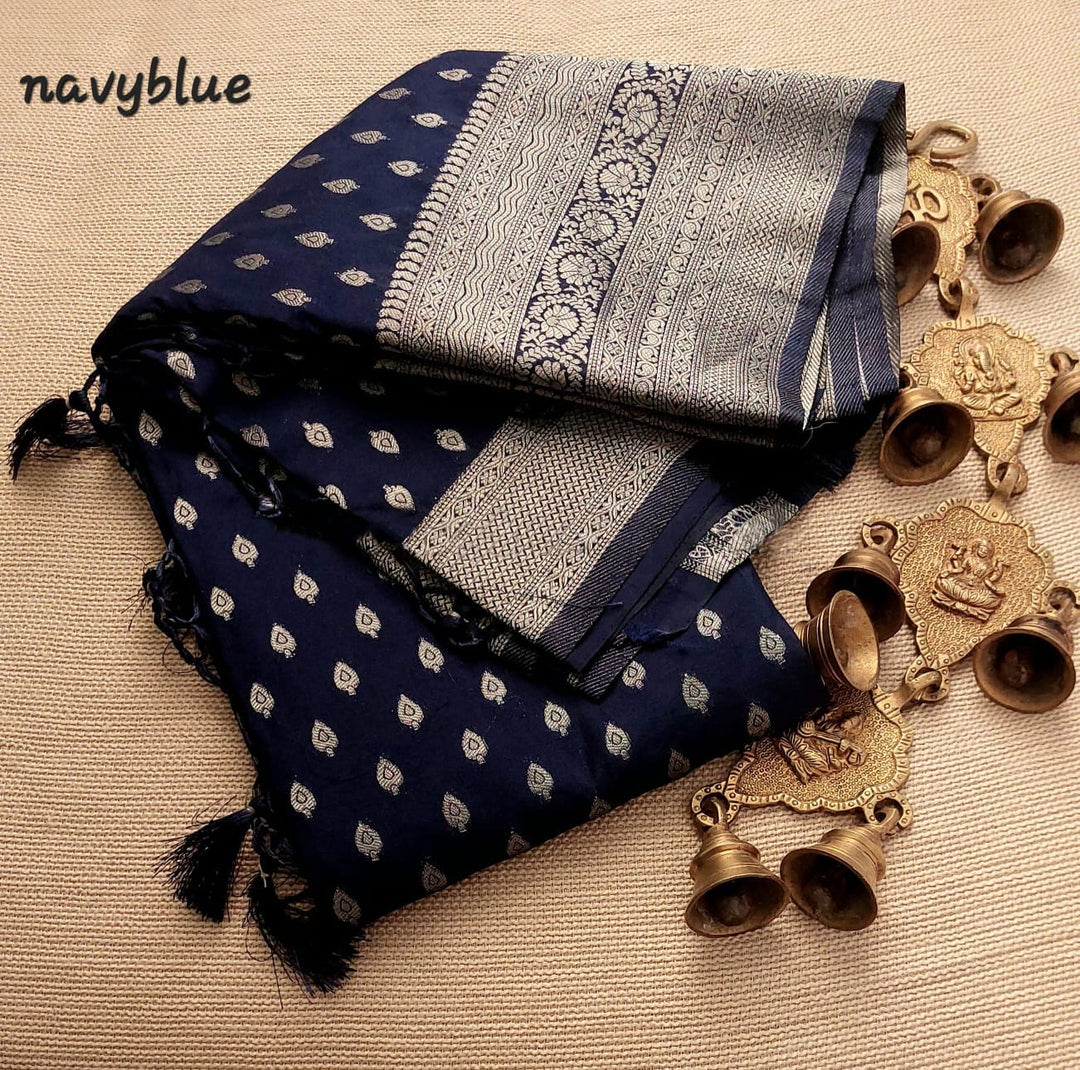 Navy Blue Soft Silk Sarees with price and Online Price under 1500 . this Fabric Pure Soft and Smooth Fabric With Silver Zari Weaving Work saree . This Fabric Soft Silk Saree For Weddings .  