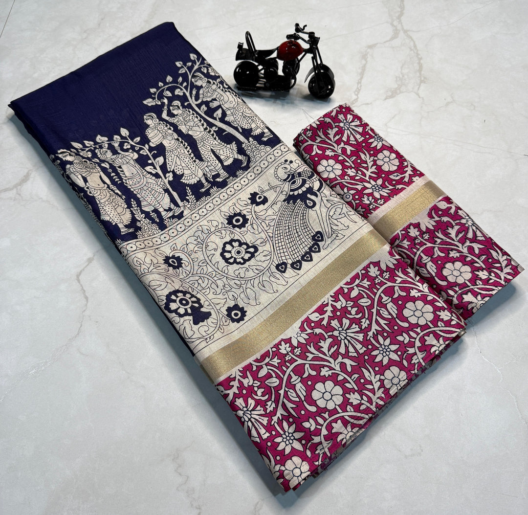 Navy Mul Mul Cotton Sarees With Price and Online Shopping Price 1000 . This Fabric Flowers Design and Zari Weaving Work and Most Authentic look . Traditional Look For  2024-25 , 2025-26  . 