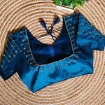 Load image into Gallery viewer, Navy Color Or Blue Color Reshm Silk Stitched Blouses With Price and Online Shopping Price Under 1000 . this Fabric Embroidery work and back Pith Square ,  it drapes beautifully and adds a touch of grace to the overall ensemble, perfect for elevating your outfit for any occasion.
