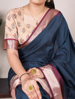 Load image into Gallery viewer, Navy blue tussar silk saree , Navy printed saree online , Viscose border navy blue saree , Navy blue silk saree with blouse , Elegant navy saree for party , Navy blue ethnic look , Traditional navy silk saree .
