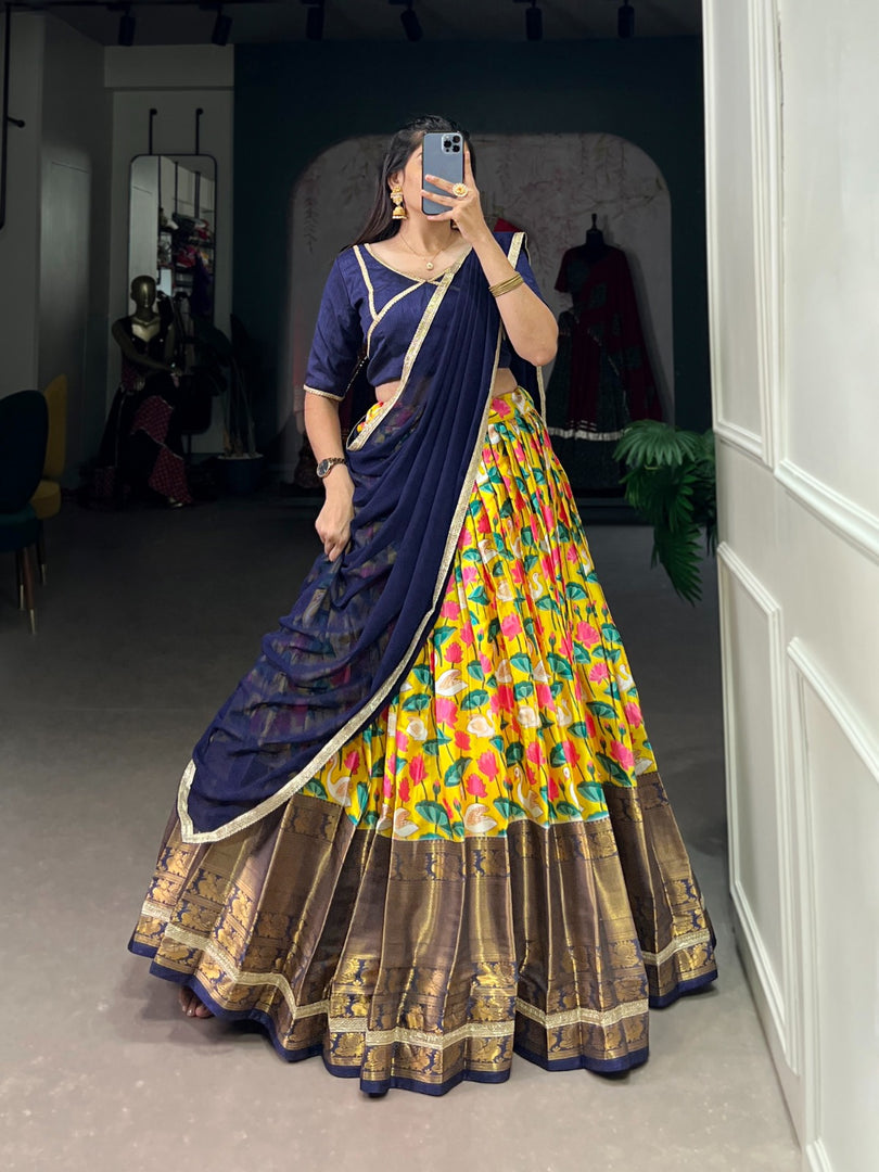 Discover the Ethereal Beauty of Navy Mysore Silk Fabric Dhavani Set and Half-Saree  . Feather-light, soft-textured, and exquisitely detailed, this fabric is perfect for modern weddings and festive wear. 
This Fabric Price and Online Shopping Price Under Price Rs.2000 .