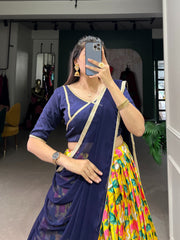 Navy Color Mysore silk lehenga with Pichwai print , Traditional navy lehenga with zari weaving border and lace finish , Navy lehenga stitched with canvas and micro cotton lining , Mysore silk navy lehenga with stylish drawstring closure .