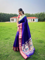 Load image into Gallery viewer, Navy Or Dangerous Blue Color  Kanjivaram Saree with Zari Weaving Works For Weddings Best Price and Online Shopping Price Under 2000 . this Fabric So Heavy and Sophisticated navy Or Dangerous Blue  Kanjivaram saree featuring rich zari weaving work. Comes with a matching blouse piece. Ideal for weddings, parties, and traditional events.  
