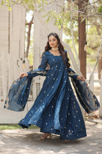 Load image into Gallery viewer, Navy Vichitra Shimmer Anarkali Rich Sequins Embroidered work  with Price and Online Shopping Price Under 2000 . Designer Vichitra Shimmer top with embroidery, cotton lining, and 3.5 M flair. Paired with an embroidered cut-work dupatta. Ideal for festive and party occasions .  
