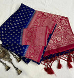 Load image into Gallery viewer, Navy Viscose Silk Saree featuring elegant Zari weaving. Includes 6.3m saree with matching blouse piece. Machine washable for easy maintenance.

