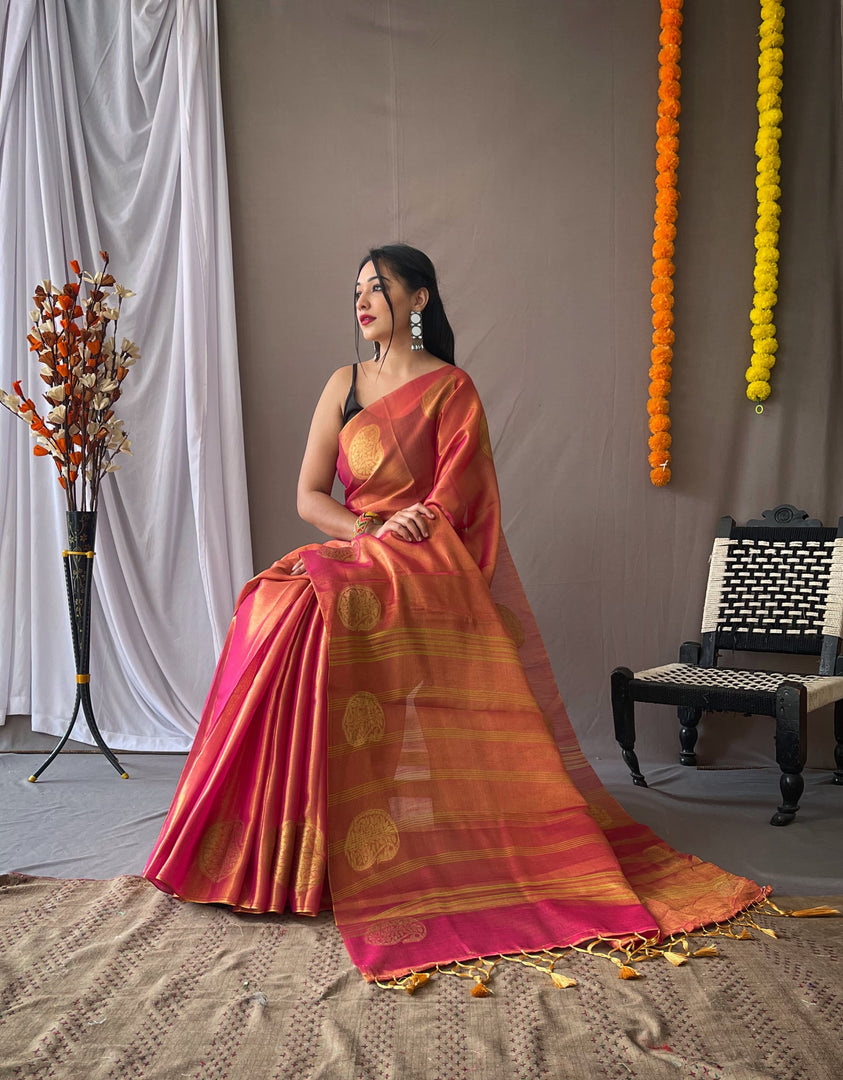 Aabha Pure Tissue Silk Orange Saree | Shoppers Trend