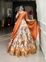 Load image into Gallery viewer, Orange Color Dola Silk Davani Set | Half-Saree With Price and Online Shopping Price Under 2000 . Flaunt elegance with this Dola Silk Floral Print Lehenga Set. Complete with zari weaving, stitched canvas lehenga, a Vichitra silk blouse, and a lace-adorned dupatta, this outfit is perfect for festive occasions

