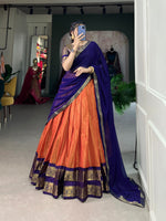 Load image into Gallery viewer, Orange Color South Indian Kanchipuram Half_Saree | Davani Set |  Shoppers Trend Price Under 1299 .This Lehenga Orange Color With Blue Color Zari Weaving Work Langa Voni . 
