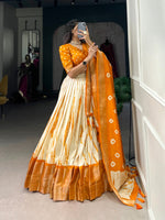 Load image into Gallery viewer, Orange Dola Silk Dhavani Set , Half-saree Explore the timeless charm of the Orange Dola Silk Dhavani Set. Featuring a soft sheen, vibrant hues, and a classic design, this half saree is ideal for cultural celebrations and traditional events Look Most Trading 2024-25.
