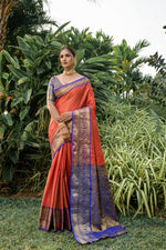 Load image into Gallery viewer, Orange Kanchipuram Handloom Pattu Weaving Silk Saree Mainly Manufacturing in Kanchipuram From TamilNadu . Orange Kanchipuram Handloom Pattu Weaving Silk Saree Price under 1999 .
