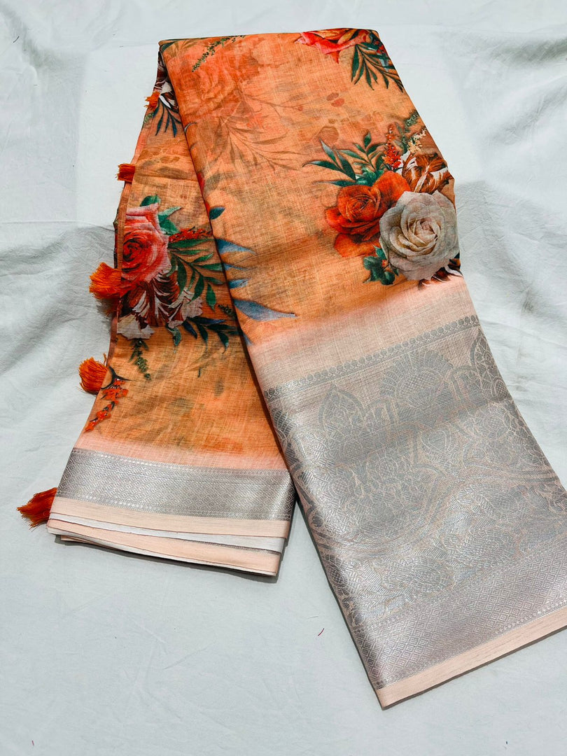 Orange Linen Cotton Sarees with Price and Online Shopping Price Under 2000 . This Fabric Orange Saree Flowers Design and Zari Weaving Work .Traditional look For Model 2024-25 .