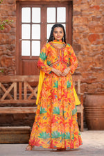 Load image into Gallery viewer, Orange Or Yellow Georgette Anarkali With Price and Online Best Choise Shopping Price Under 1500 . This Fabric Upgrade your wardrobe with this beautiful mirror work Anarkali suit. Made from premium georgette fabric, 48-inch length, and comes with a dupatta and pant. Easy machine wash.
