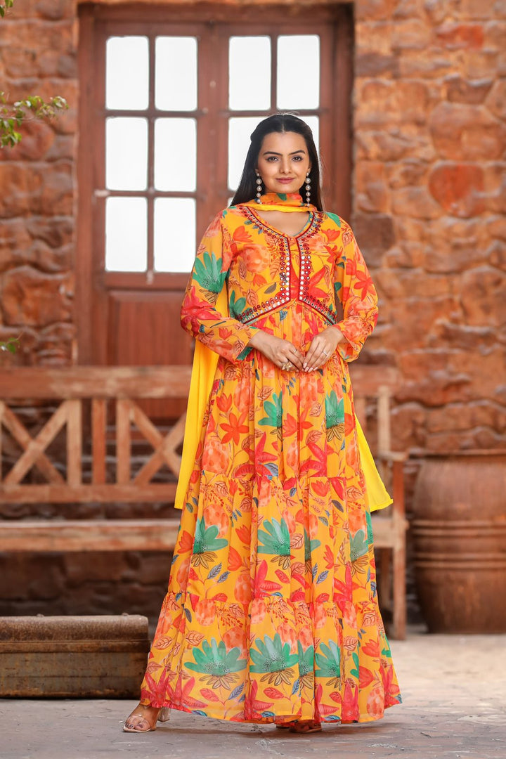 Orange Or Yellow Georgette Anarkali With Price and Online Best Choise Shopping Price Under 1500 . This Fabric Upgrade your wardrobe with this beautiful mirror work Anarkali suit. Made from premium georgette fabric, 48-inch length, and comes with a dupatta and pant. Easy machine wash.