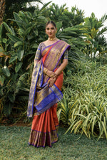 Load image into Gallery viewer, Orange Kanchipuram Handloom Pattu Weaving Silk Saree price with Online , This Fabric Kanchipuram Handloom Pattu Weaving Silk Saree For Woman For Weddings Fancy Designer for Shoppers Trend..
