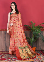 Load image into Gallery viewer, Orange Soft Patola Silk Sarees With Price and This Fabric Soft Patola SIlk sarees For Weddings and Rich Pallu . This Saree Orange Color Saree with Zari Weaving Work . 
