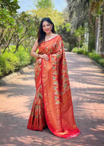 Load image into Gallery viewer, Orange Soft Silk Sarees With Price with Online shopping Price under 2000 . this Fabric Soft Silk saree Premium Quality and best Fabric saree With Gold Zari Weaving Work . 
