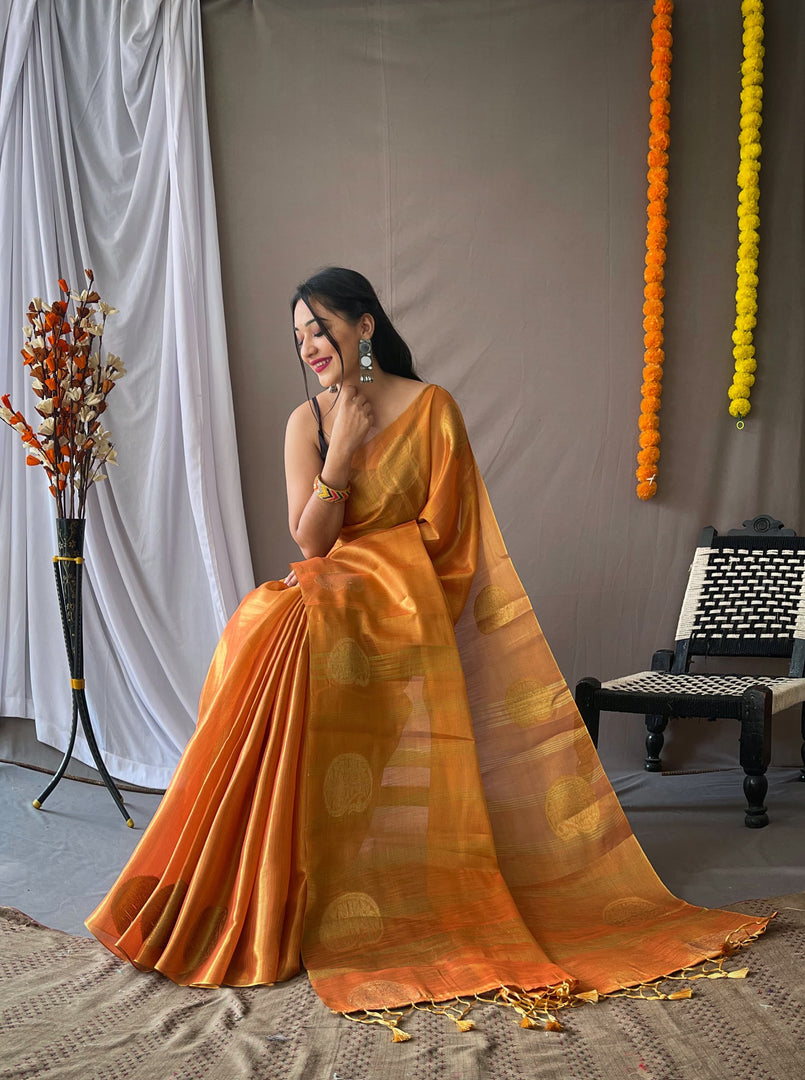 Tanvi Tissue Silk Orange Saree | Shoppers Trend