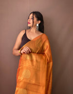 Load image into Gallery viewer, Orange Tissue Silk Sarees With Price and Online Shopping Price Under 1500 . This Fabric Most Smooth and Softness Tissue Silk Saree . This Fabric Tissue Silk Saree For Weddings. 
