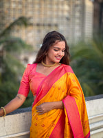 Load image into Gallery viewer, Orange With Yellow Contract Soft Paithani Silk Sarees With Price and Online Shopping Price Under 2000 . This Fabric Soft and Smooth Fabric . Color Yellow Durga Puja and Celebrate Party with dark Pink Blouse .
