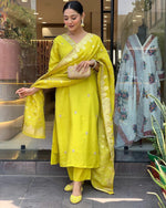 Load image into Gallery viewer, Rithanya Heavy Roman Silk Yellow Kurti  | Shoppers Trend
