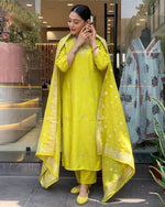 Load image into Gallery viewer, Rithanya Heavy Roman Silk Yellow Kurti  | Shoppers Trend
