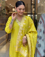 Load image into Gallery viewer, Rithanya Heavy Roman Silk Yellow Kurti  | Shoppers Trend
