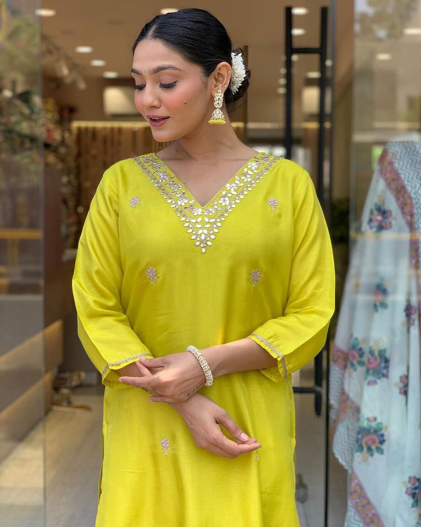Rithanya Heavy Roman Silk Yellow Kurti  | Shoppers Trend