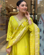 Load image into Gallery viewer, Rithanya Heavy Roman Silk Yellow Kurti  | Shoppers Trend
