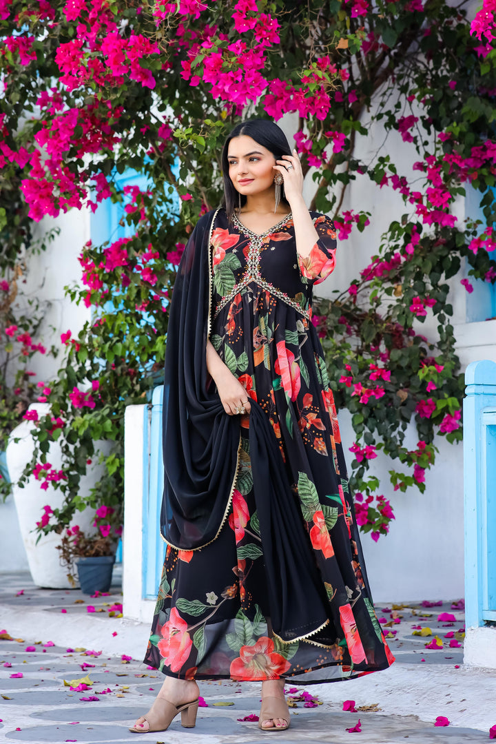 Aarvi Georgette Black Anarkali | Shoppers Trend