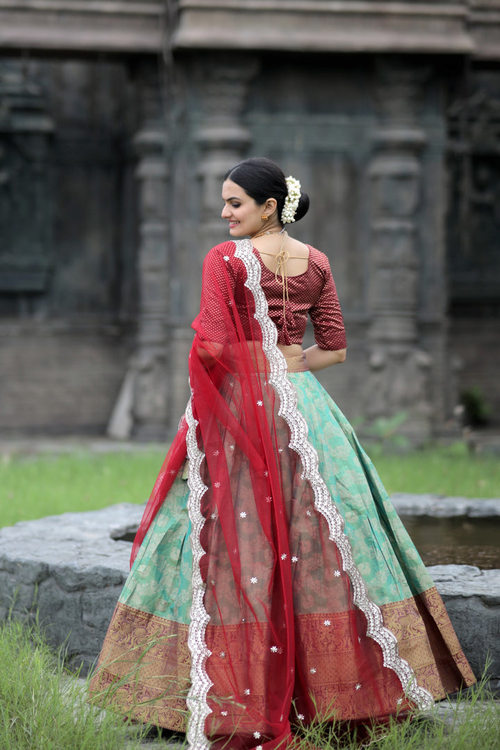 Fenuka Kanjivaram Pattu Silk Red Dhavani / Half Saree | Shoppers Trend