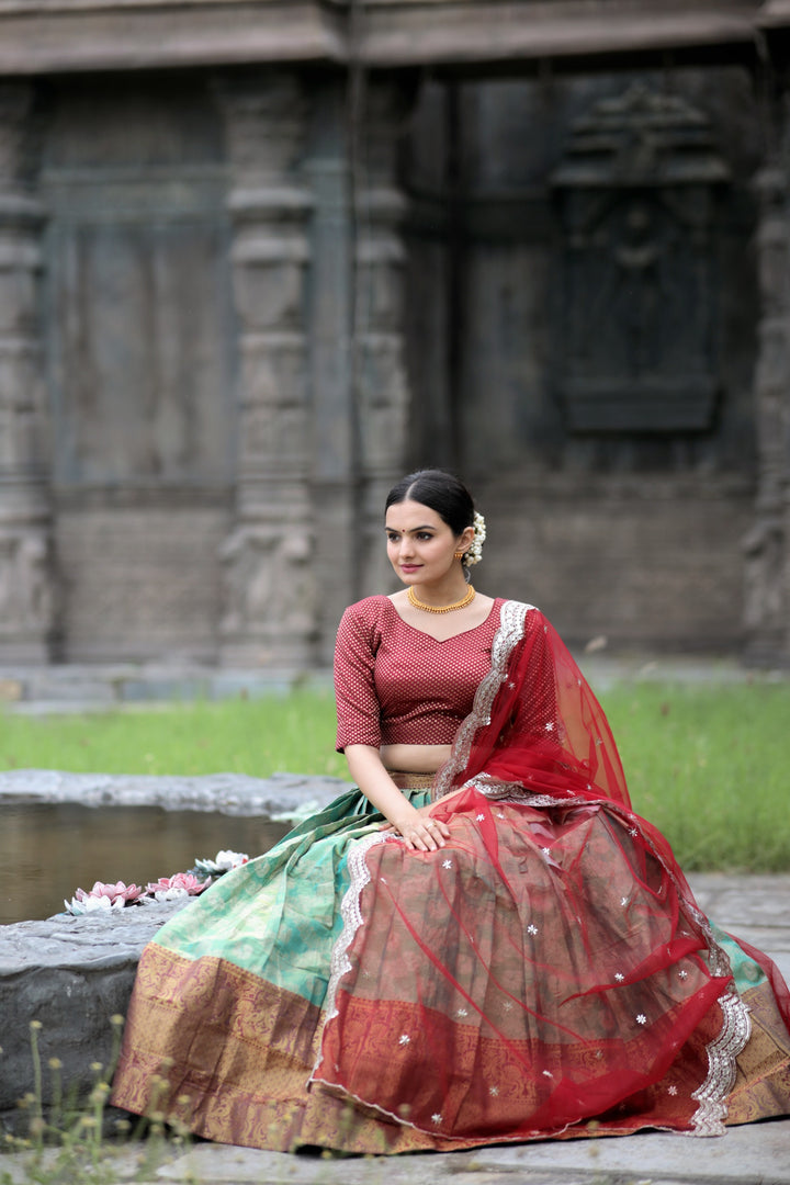 Fenuka Kanjivaram Pattu Silk Red Dhavani / Half Saree | Shoppers Trend